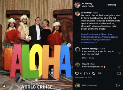 We had a blast at the formal gala hosted by Royal Caribbean for all of the full world cruisers! They had different photo ops for several of our destinations, along with a hula performance, cigar booth, and henna artists!

#aak #fyp #royalcaribbean #uwc #ultimateworldcruise #travelingcouple #worldcruise @royalcaribbean #seekadventure